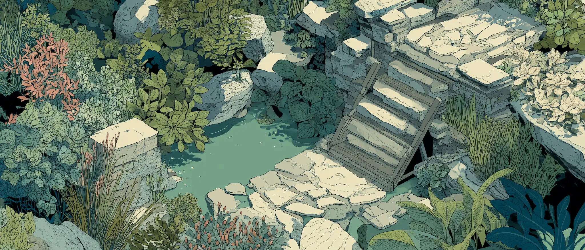 Illustration of a terraced garden with stone steps leading down to a pond