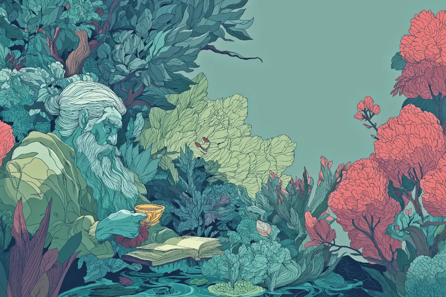 Illustration of dense garden foliage in green and coral
