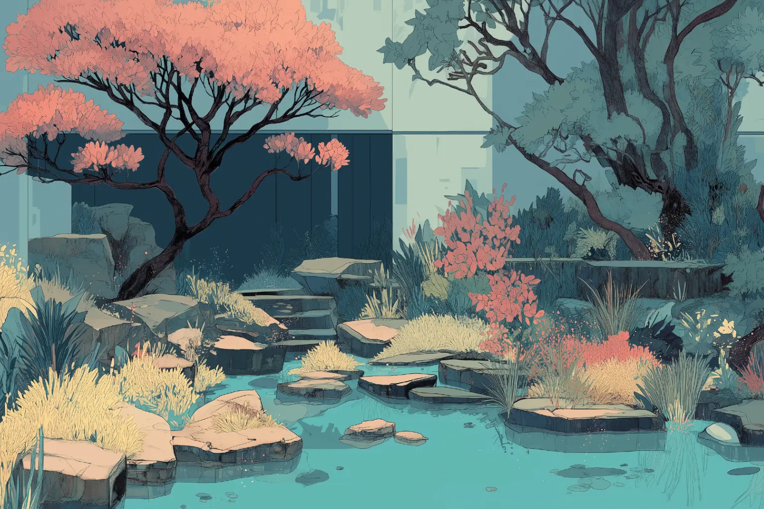 Illustration of a garden with a blossom tree beside a still pond