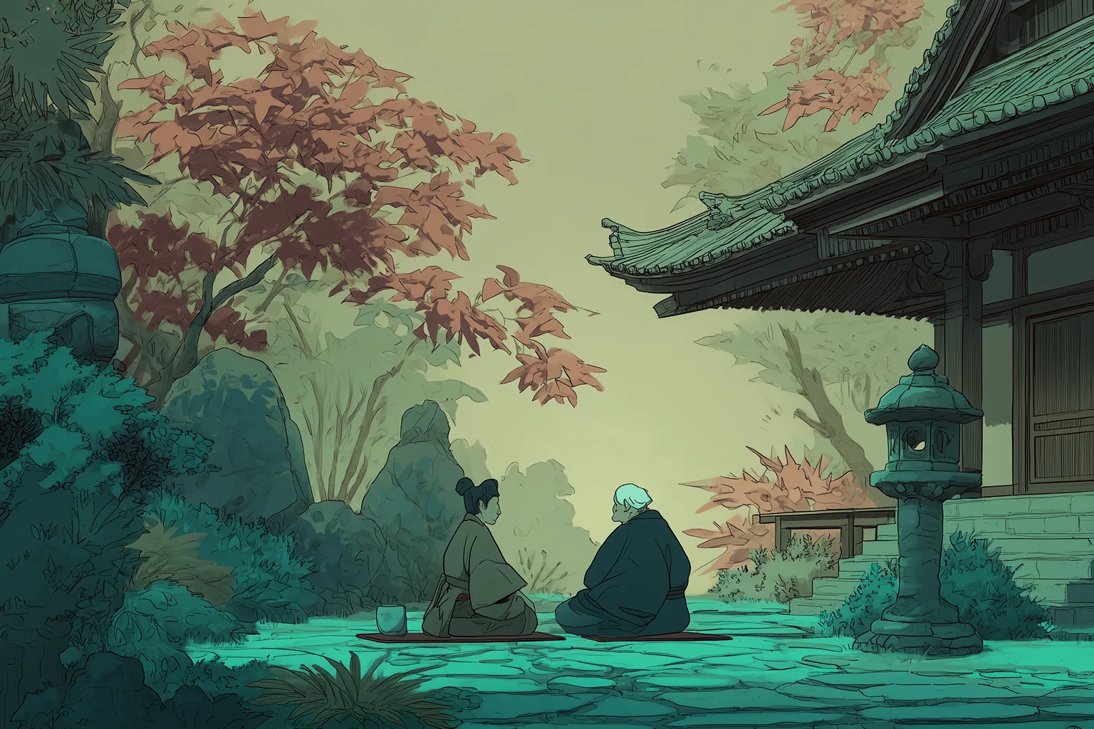 Illustration of two people sitting beside water outside a temple building