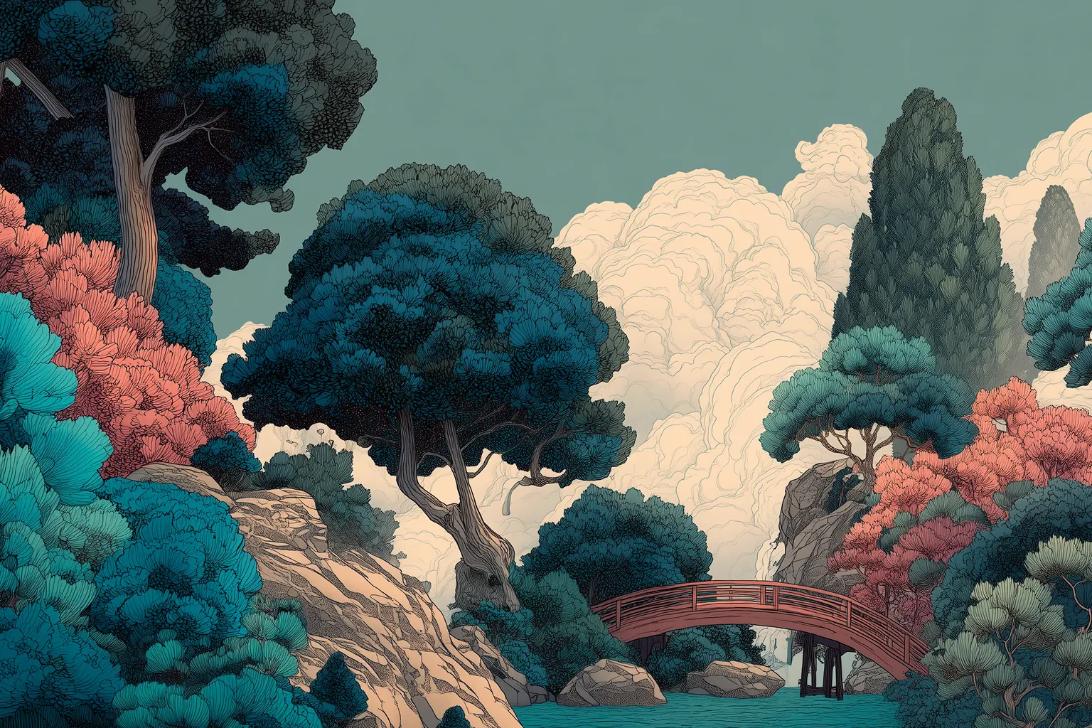 Illustration of a garden with a red bridge crossing between wooded banks