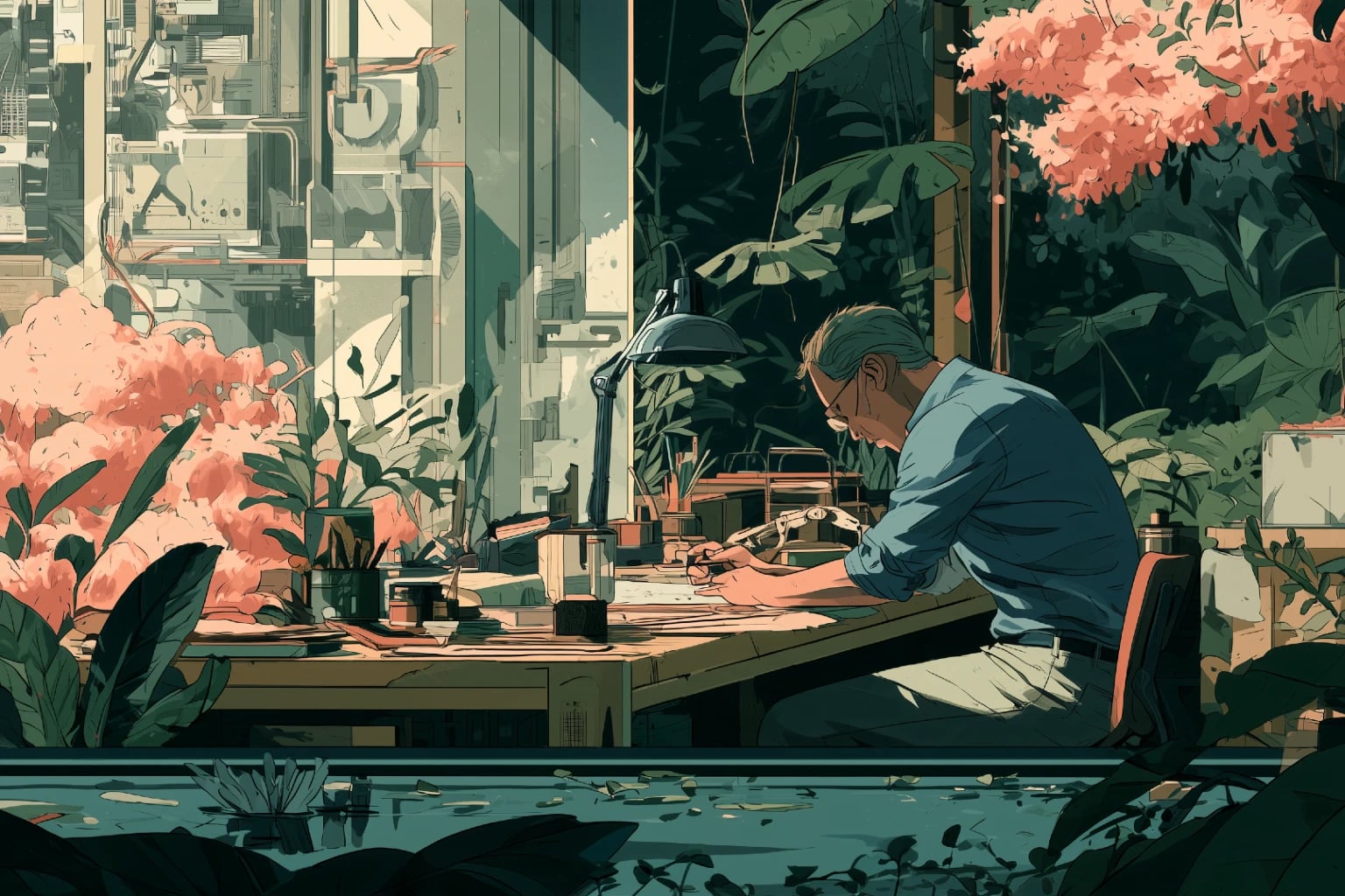 Illustration of a developer working at a drafting desk in a studio filled with plants, with machinery visible through the window