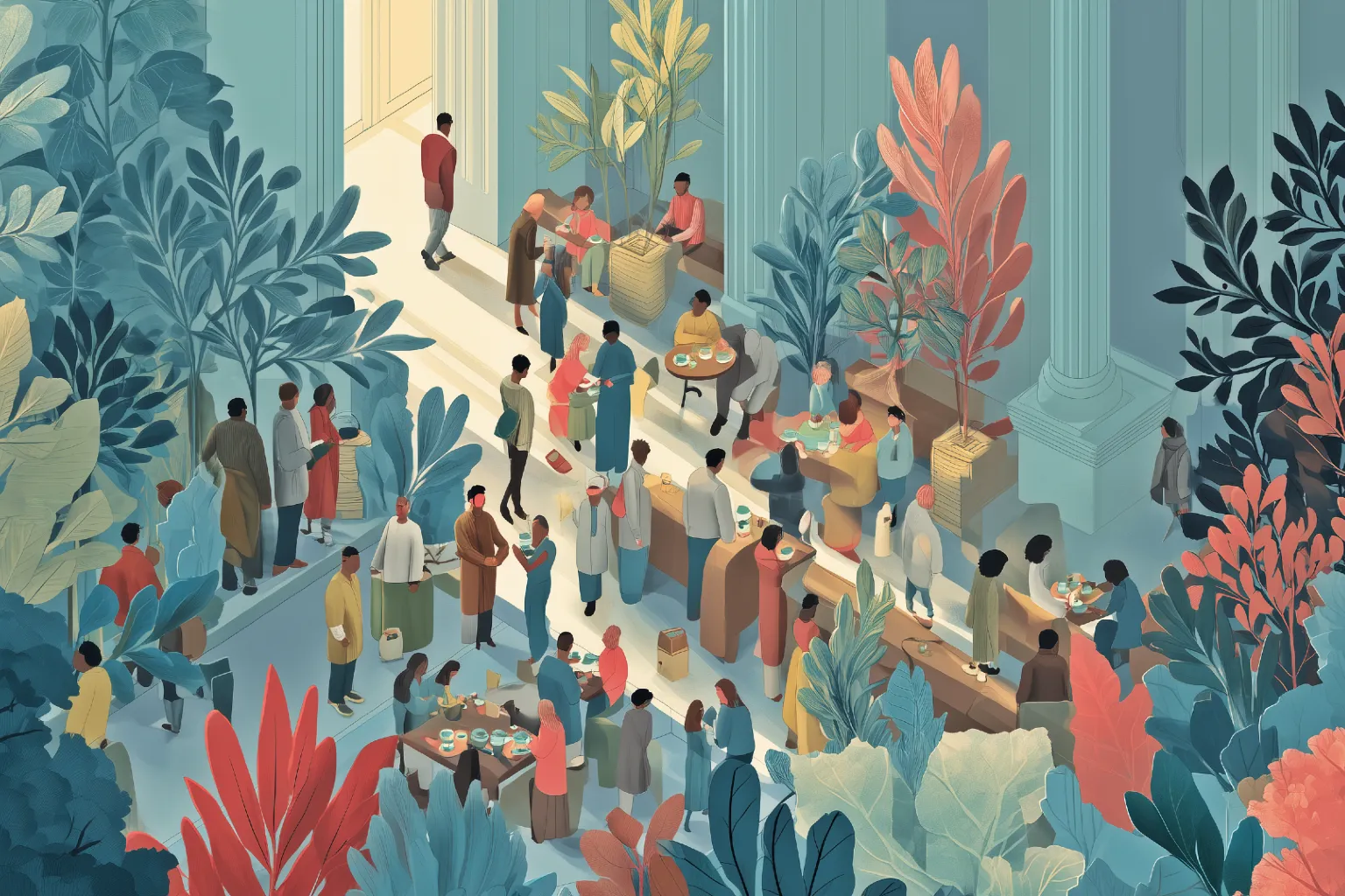 Illustration of a crowd of people gathered among tall planting