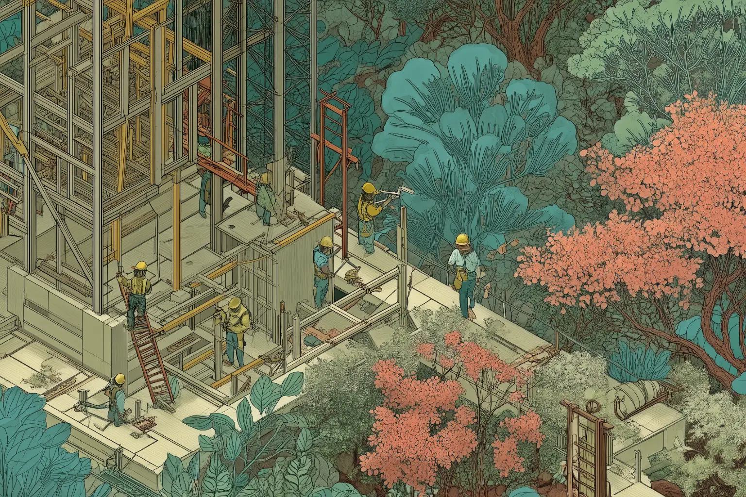 Illustration of a timber structure under construction in a garden